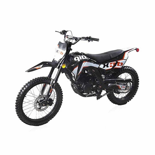 A black and white dirt bike with orange trim, isolated on a white background, symbolizing the power, agility, and excitement of our Adult Dirt Bikes collection.