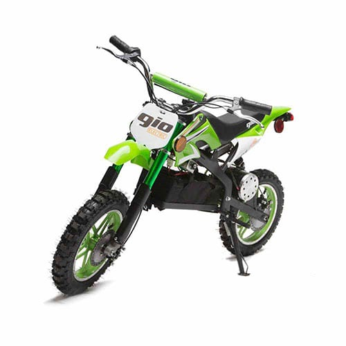 A green and black dirt bike for kids, isolated on a white background, inviting you to explore our fun and safe collection of Kids Dirt Bikes.