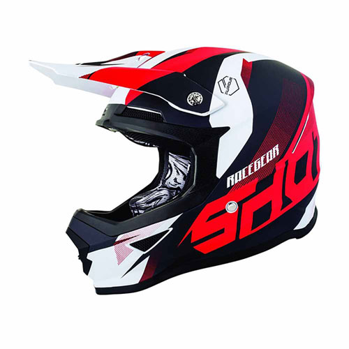 A motocross helmet in red, black, and white colors, isolated on a white background, symbolizing the protection, design, and quality of our Power Sports Helmets collection.