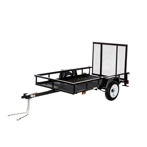 A black 5' x 8' trailer for towing ATVs or dirt bikes, isolated on a white background, symbolizing the durability, convenience, and functionality of our Power Sports Trailers collection.